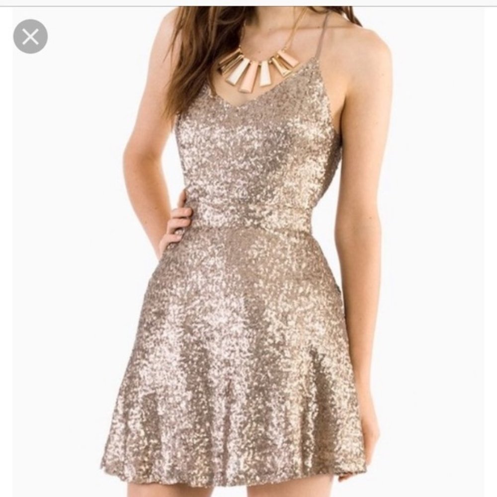 Tobi Gold Sequin Mini Dress Criss-Cross Back